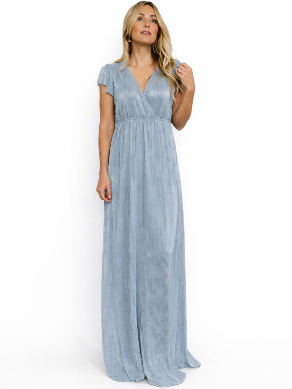 BALTIC BORN Athena Pleated Maxi Dress Empire Waist Stretch Blue Women's Large